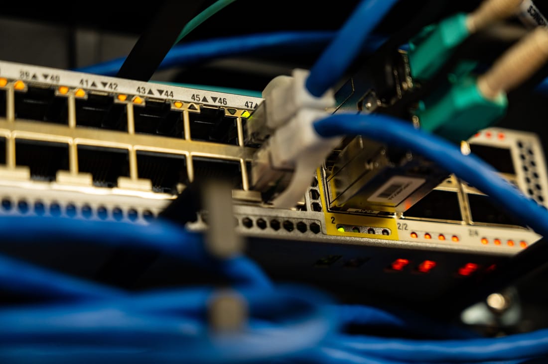 Blue Ethernet network cabling connected to a switch for a Las Vegas business network