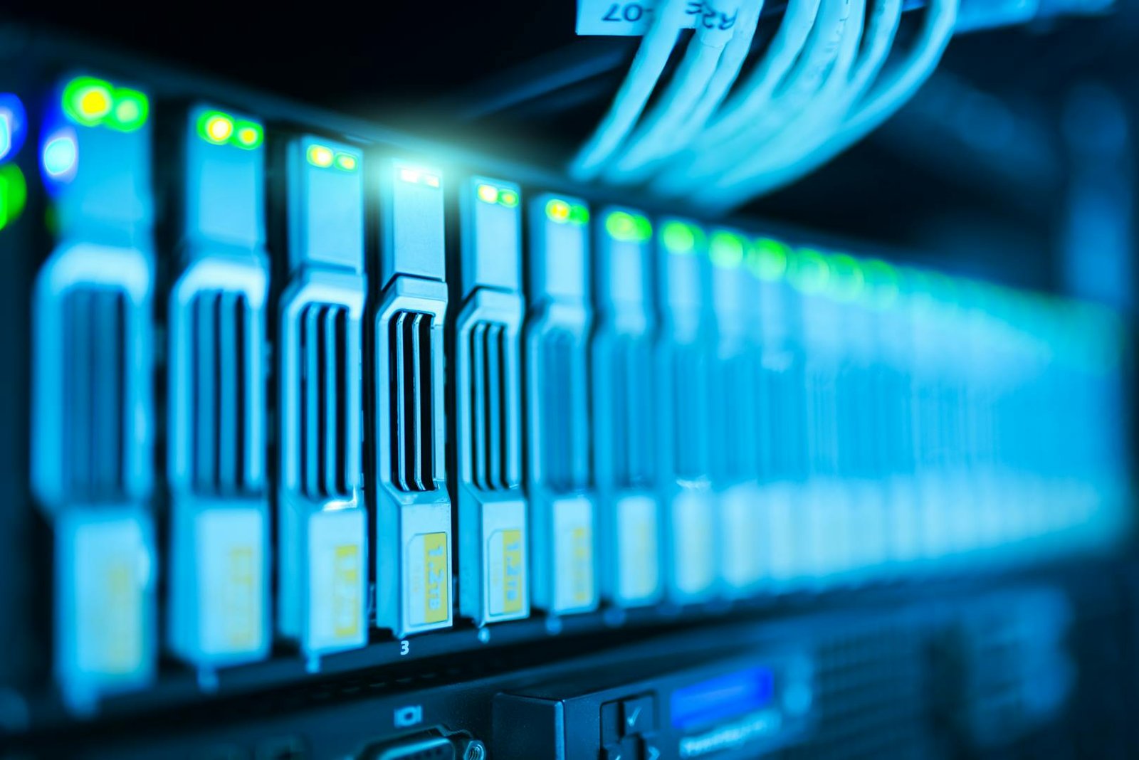 Structured cabling installation in a commercial data center with organized server rack infrastructure